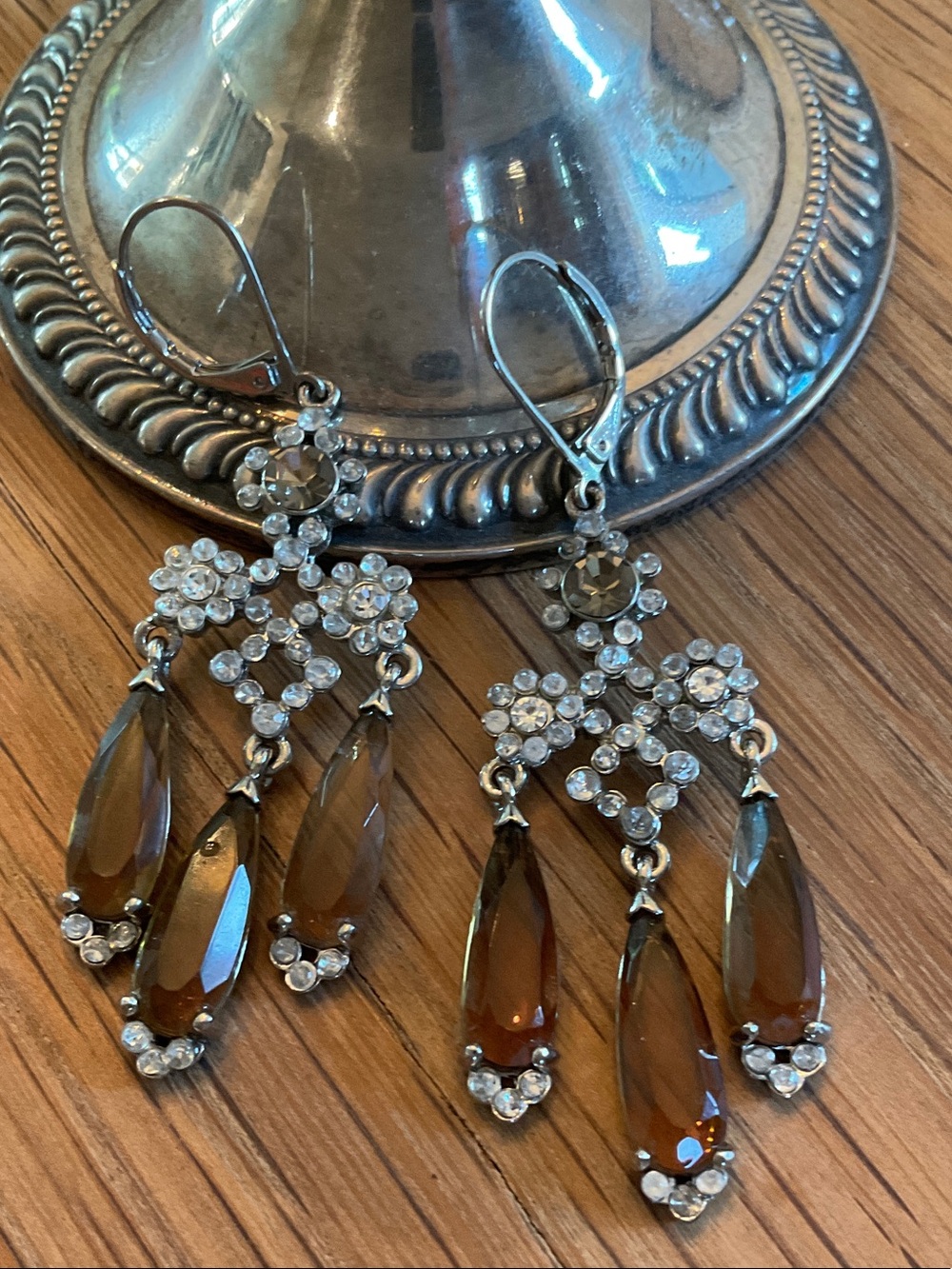 Vintage NR Signed Faux Topaz Rhinestone Chandelier Pierced Earrings
